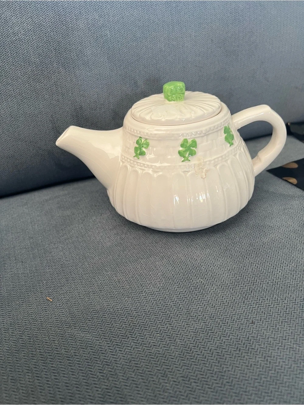 White Ceramic Teapot with Green Shamrock Accents and Green Lid Knob
